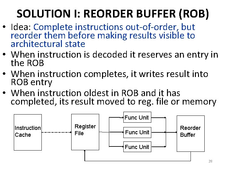 SOLUTION I: REORDER BUFFER (ROB) • Idea: Complete instructions out-of-order, but reorder them before