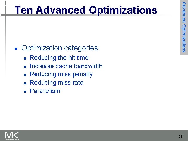 n Optimization categories: n n n Advanced Optimizations Ten Advanced Optimizations Reducing the hit