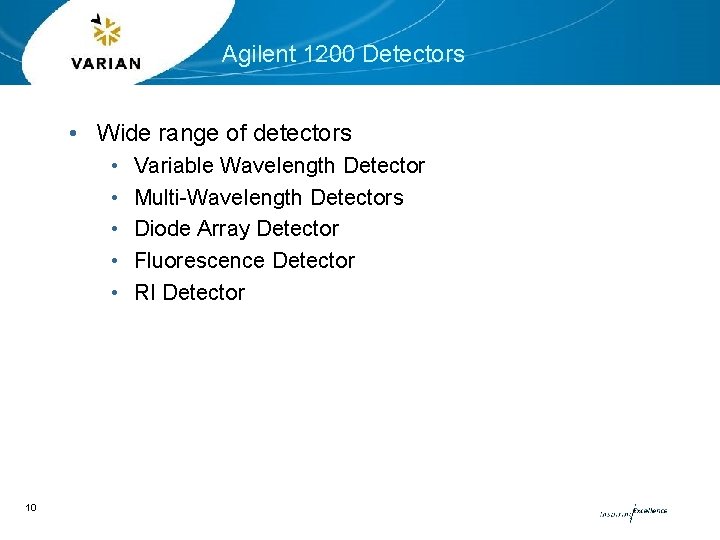 Agilent 1200 Detectors • Wide range of detectors • • • 10 Variable Wavelength