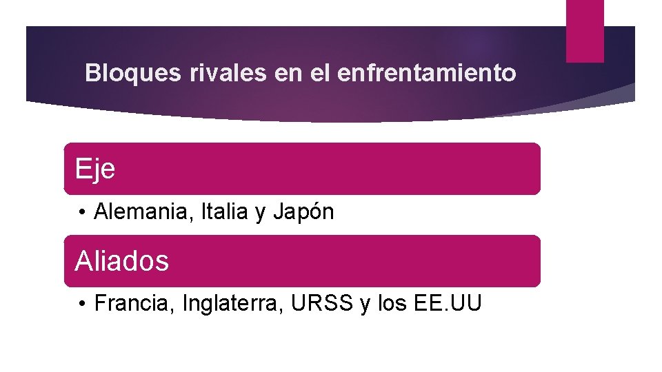 Bloques rivales en el enfrentamiento Eje • Alemania, Italia y Japón Aliados • Francia,