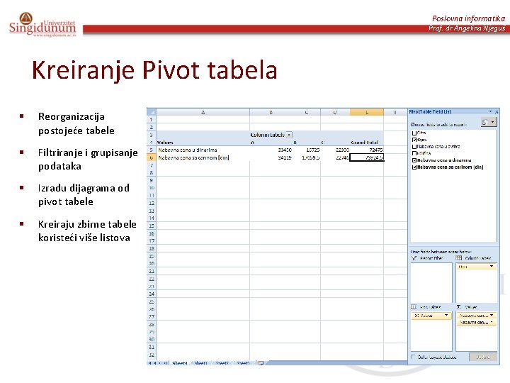 Poslovna informatika Prof. dr Angelina Njeguš Kreiranje Pivot tabela § Reorganizacija postojeće tabele §