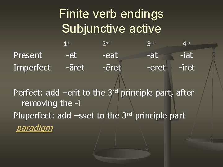 Finite verb endings Subjunctive active 1 st Present Imperfect -et -āret 2 nd 3