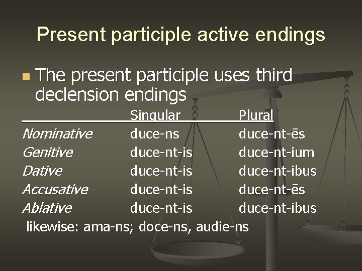 Present participle active endings n The present participle uses third declension endings Singular Plural