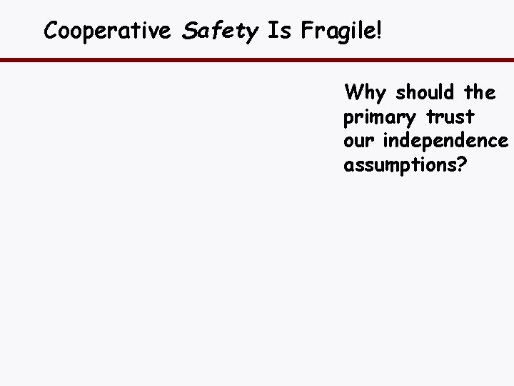 Cooperative Safety Is Fragile! Why should the primary trust our independence assumptions? 