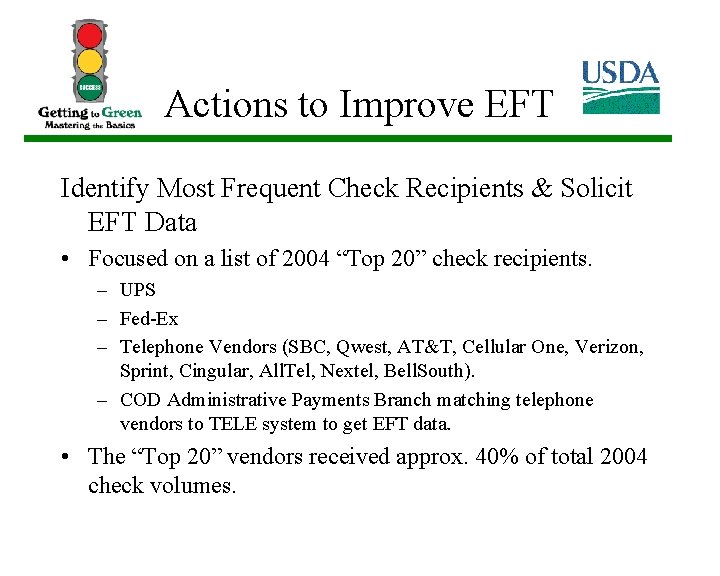 Actions to Improve EFT Identify Most Frequent Check Recipients & Solicit EFT Data •