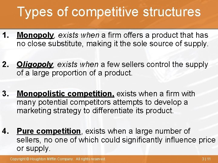 Competitive Structures. Examples Chapter 3 The Marketing Environment Social Responsibility and