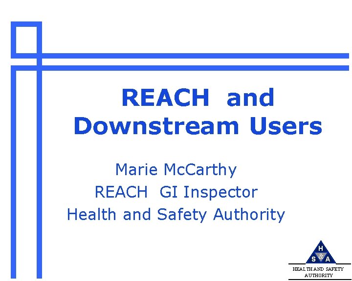 REACH and Downstream Users Marie Mc. Carthy REACH GI Inspector Health and Safety Authority