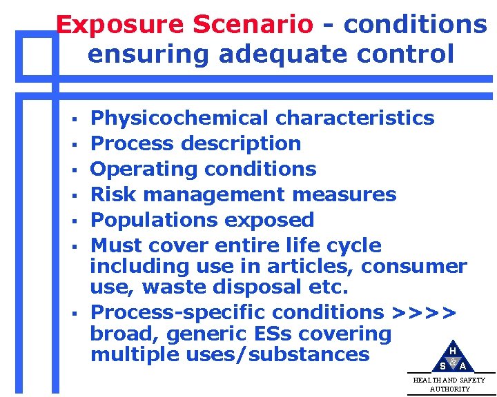 Exposure Scenario - conditions ensuring adequate control § § § § Physicochemical characteristics Process