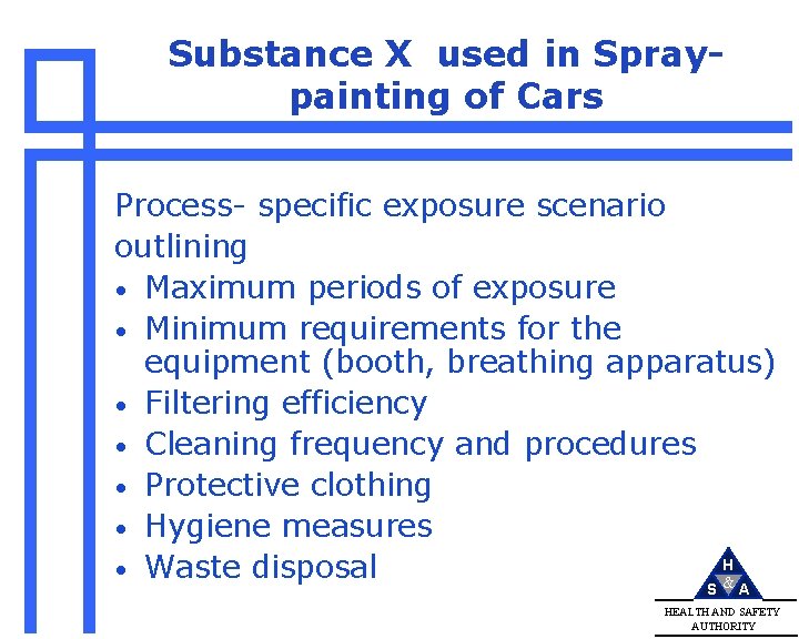 Substance X used in Spraypainting of Cars Process- specific exposure scenario outlining • Maximum