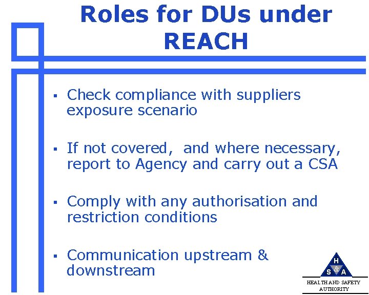 Roles for DUs under REACH § Check compliance with suppliers exposure scenario § If