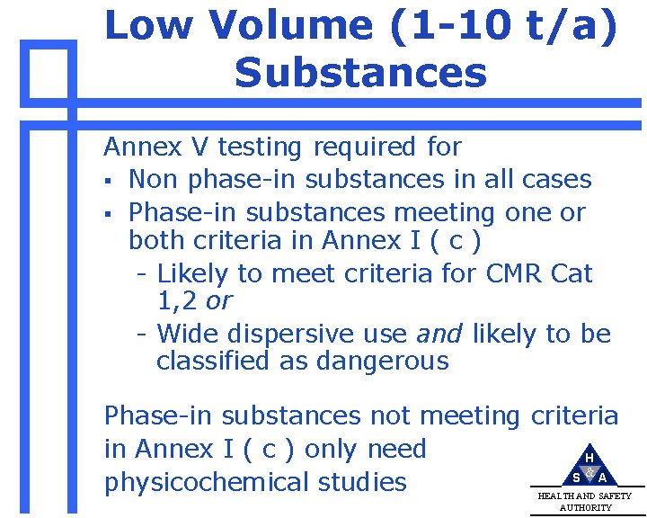 Low Volume (1 -10 t/a) Substances Annex V testing required for § Non phase-in