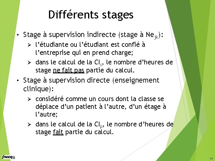 Différents stages • Stage à supervision indirecte (stage à Nejk): l’étudiante ou l’étudiant est