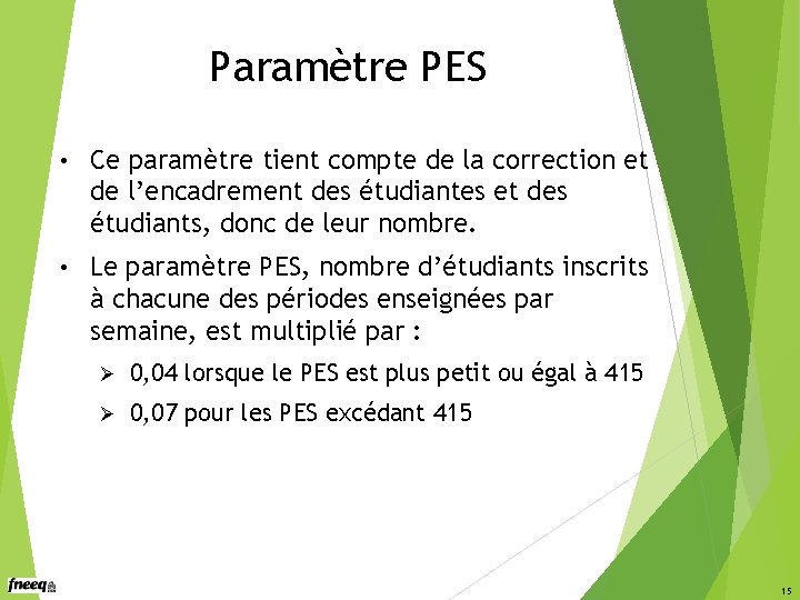 Paramètre PES • Ce paramètre tient compte de la correction et de l’encadrement des