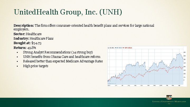 United. Health Group, Inc. (UNH) Description: The firm offers consumer-oriented health benefit plans and United. Health Group, Inc. (UNH) Description: The firm offers consumer-oriented health benefit plans and