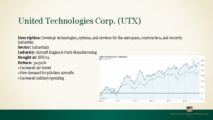 United Technologies Corp. (UTX) Description: Develops technologies, systems, and services for the aerospace, construction,