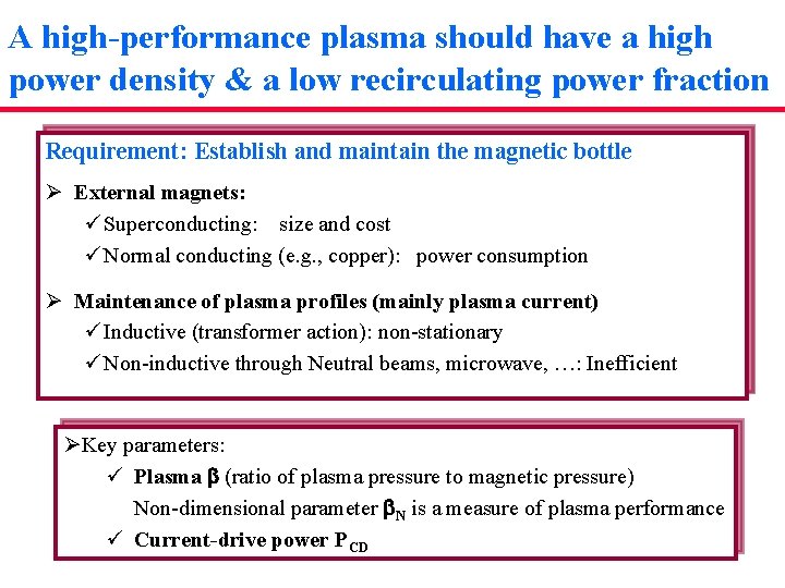 A high-performance plasma should have a high power density & a low recirculating power