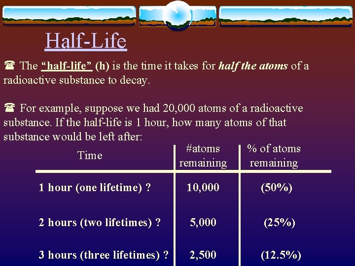 Half-Life ( The “half-life” (h) is the time it takes for half the atoms