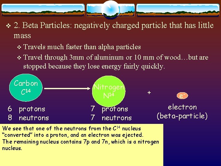 v 2. Beta Particles: negatively charged particle that has little mass Travels much faster