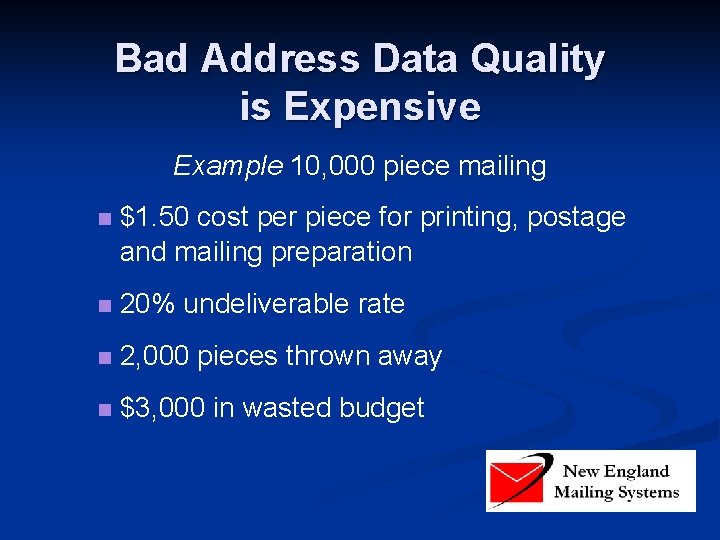 Bad Address Data Quality is Expensive Example 10, 000 piece mailing n $1. 50