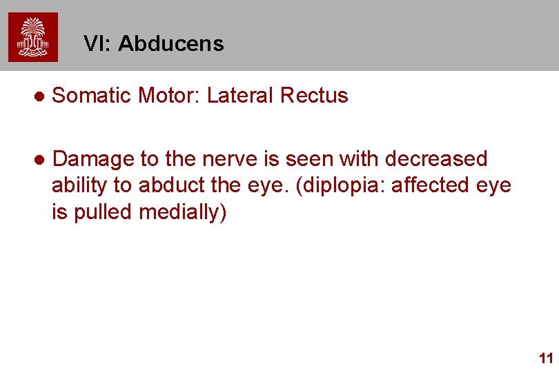 VI: Abducens l Somatic Motor: Lateral Rectus l Damage to the nerve is seen