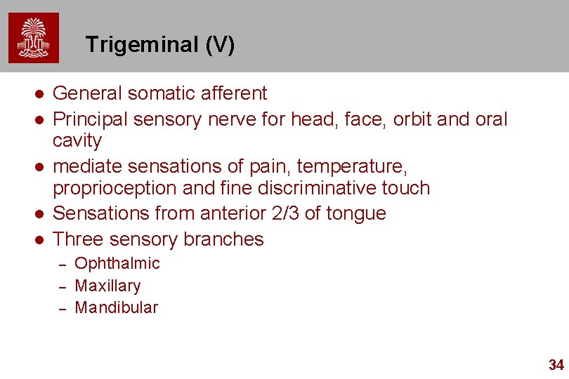 Trigeminal (V) l l l General somatic afferent Principal sensory nerve for head, face,