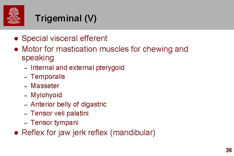 Trigeminal (V) l l Special visceral efferent Motor for mastication muscles for chewing and