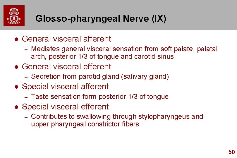 Glosso-pharyngeal Nerve (IX) l General visceral afferent – l General visceral efferent – l