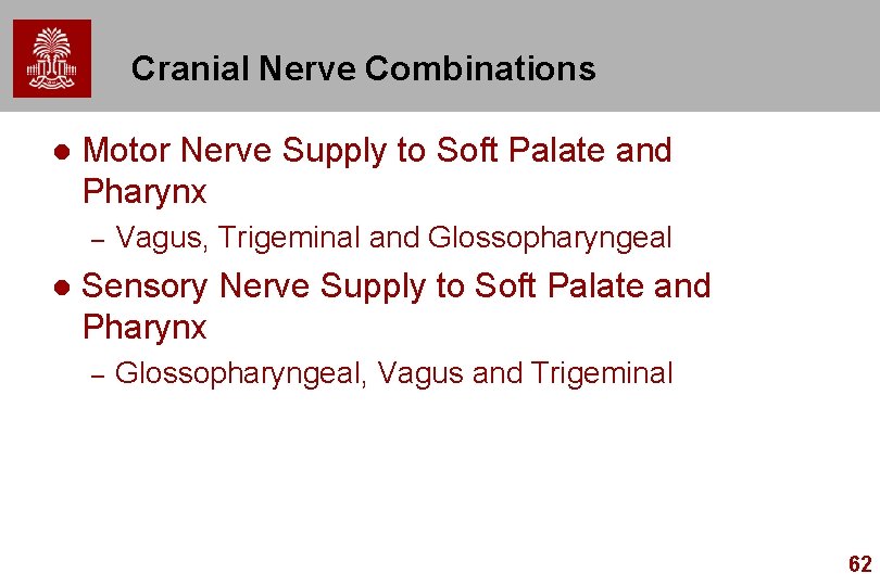 Cranial Nerve Combinations l Motor Nerve Supply to Soft Palate and Pharynx – l