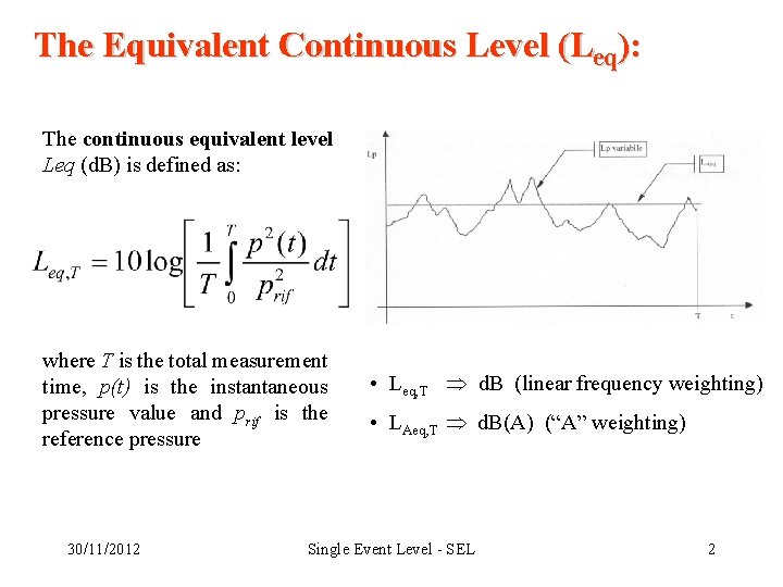 The Equivalent Continuous Level (Leq): The continuous equivalent level Leq (d. B) is defined