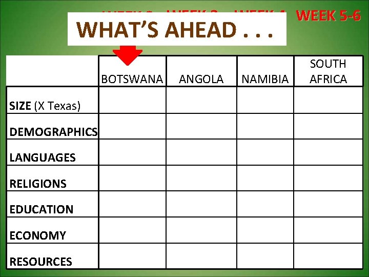 WEEK 2 WEEK 3 WEEK 4 WEEK 5 -6 WHAT’S AHEAD. . . BOTSWANA