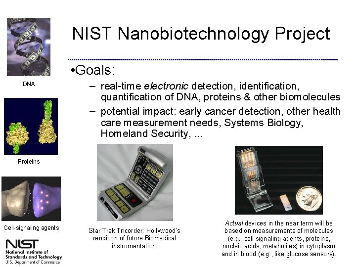 Targets NIST Nanobiotechnology Project • Goals: DNA – real-time electronic detection, identification, quantification of