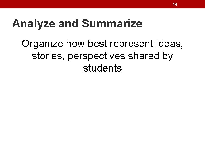 14 Analyze and Summarize Organize how best represent ideas, stories, perspectives shared by students