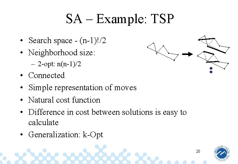 SA – Example: TSP • Search space - (n-1)!/2 • Neighborhood size: – 2