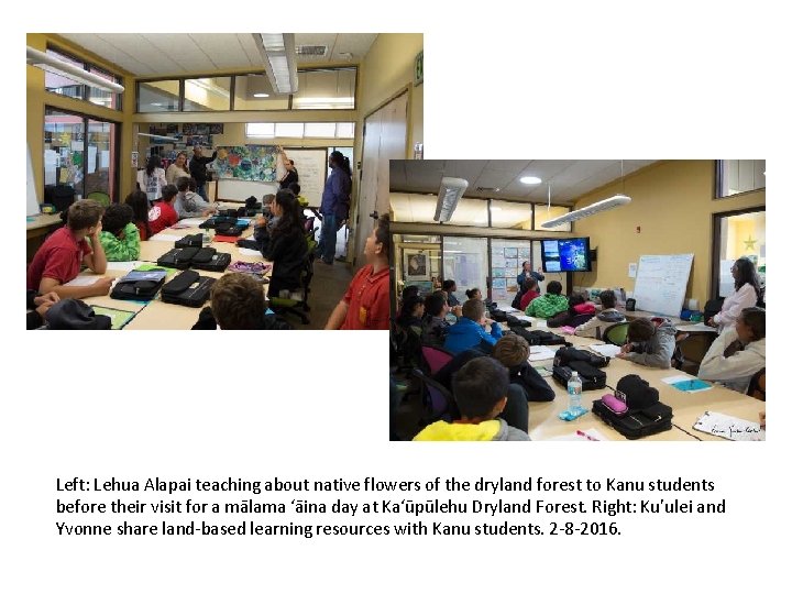 Left: Lehua Alapai teaching about native flowers of the dryland forest to Kanu students