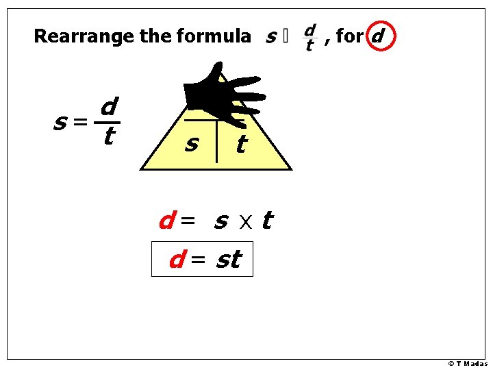 Rearrange the formula d s= t , for d d s t d= s