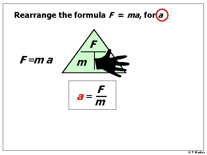 Rearrange the formula F = ma, for a F F =m a F a=