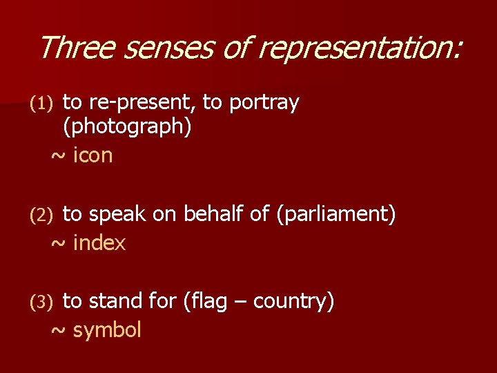 Three senses of representation: to re-present, to portray (photograph) ~ icon (1) to speak Three senses of representation: to re-present, to portray (photograph) ~ icon (1) to speak