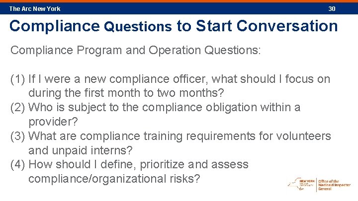 The Arc New York 30 Compliance Questions to Start Conversation Compliance Program and Operation