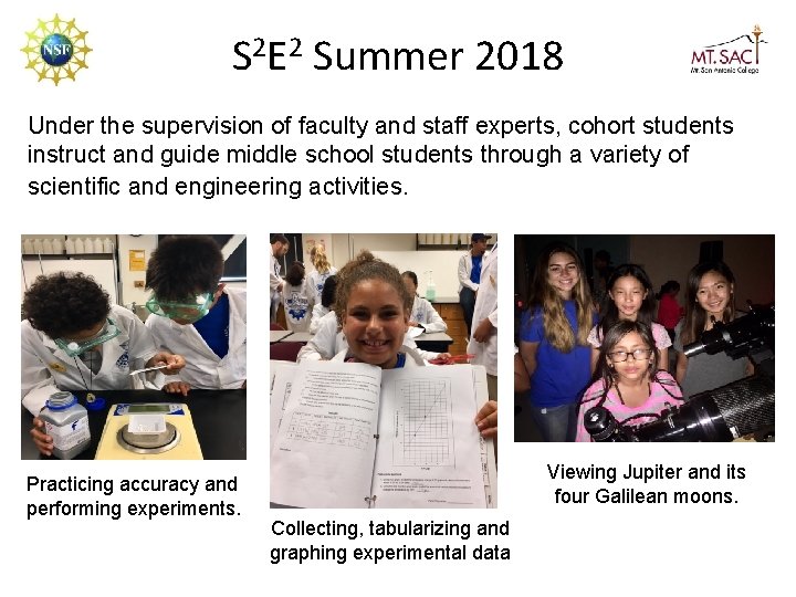 S 2 E 2 Summer 2018 Under the supervision of faculty and staff experts,