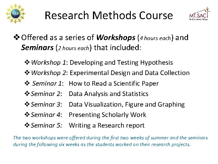 Research Methods Course v Offered as a series of Workshops (4 hours each) and