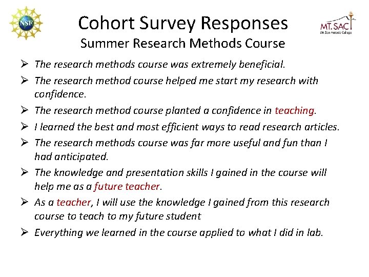 Cohort Survey Responses Summer Research Methods Course Ø The research methods course was extremely