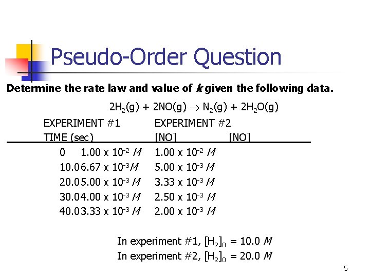 Pseudo-Order Question Determine the rate law and value of k given the following data.