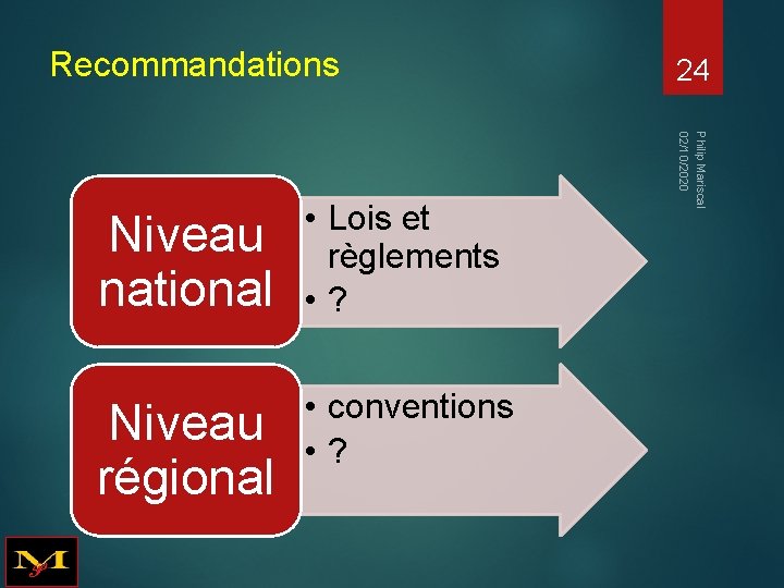 Recommandations Niveau régional • conventions • ? Philip Mariscal 02/10/2020 Niveau national • Lois