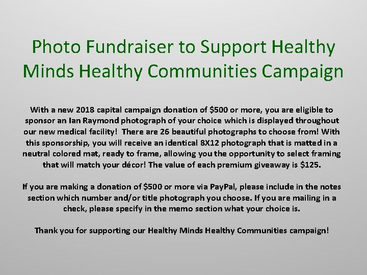 Photo Fundraiser to Support Healthy Minds Healthy Communities Campaign With a new 2018 capital