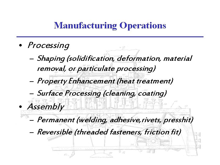 Manufacturing Operations • Processing – Shaping (solidification, deformation, material removal, or particulate processing) – Manufacturing Operations • Processing – Shaping (solidification, deformation, material removal, or particulate processing) –