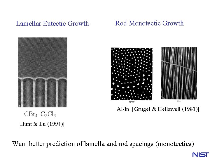Lamellar Eutectic Growth Rod Monotectic Growth Al-In [Grugel & Hellawell (1981)] [Hunt & Lu