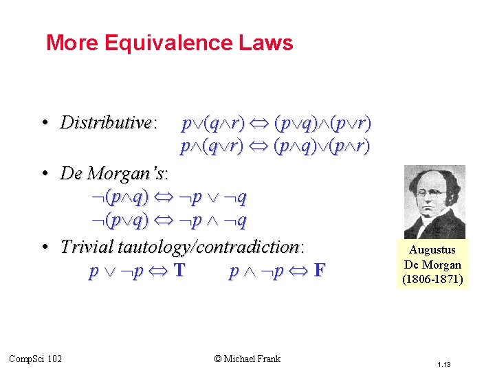 Topic #1. 1 – Propositional Logic: Equivalences More Equivalence Laws • Distributive: p (q