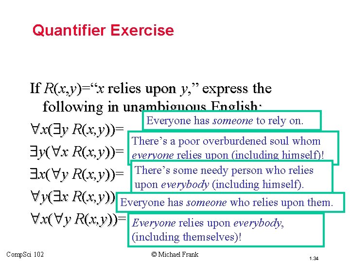 Topic #3 – Predicate Logic Quantifier Exercise If R(x, y)=“x relies upon y, ”