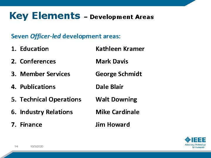 Key Elements – Development Areas Seven Officer-led development areas: 1. Education Kathleen Kramer 2.