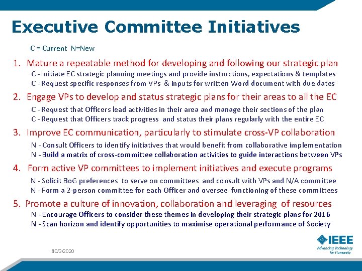 Executive Committee Initiatives C = Current N=New 1. Mature a repeatable method for developing